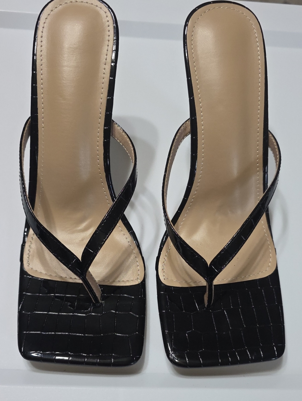 Women’s Black Croc-Embossed Square-Toe Slide Heels